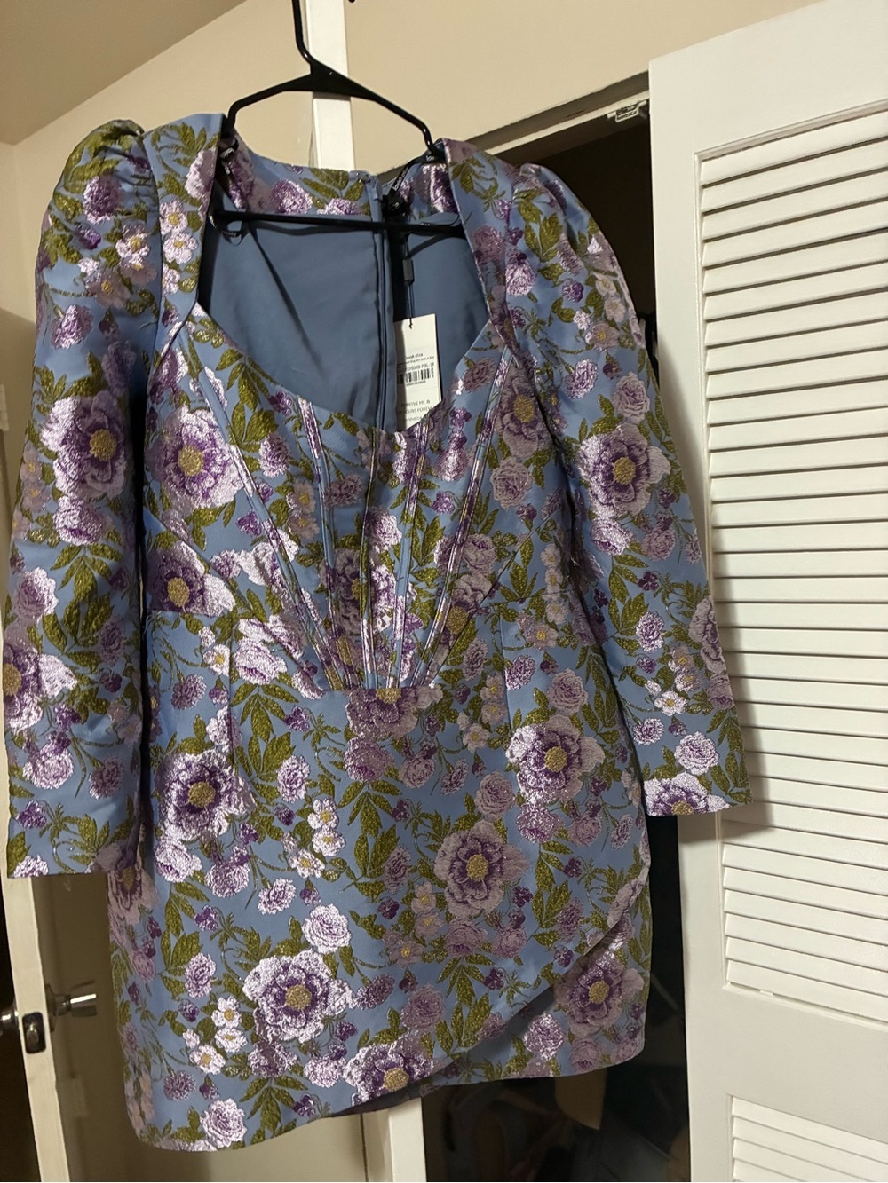 Lavish Alice Blue Floral Jacquard Mini Dress with Purple Flowers